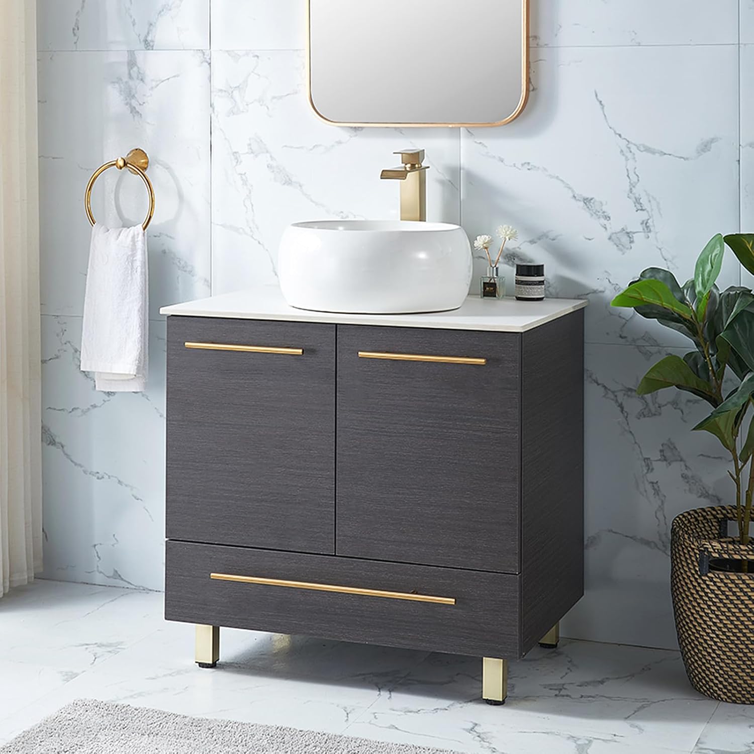 30' Bathroom Vanity, Black Bathroom Cabinet Combo, Modern Sink Vanity Set, Round Countertop Sink, 2 Doors 1 Drawer
