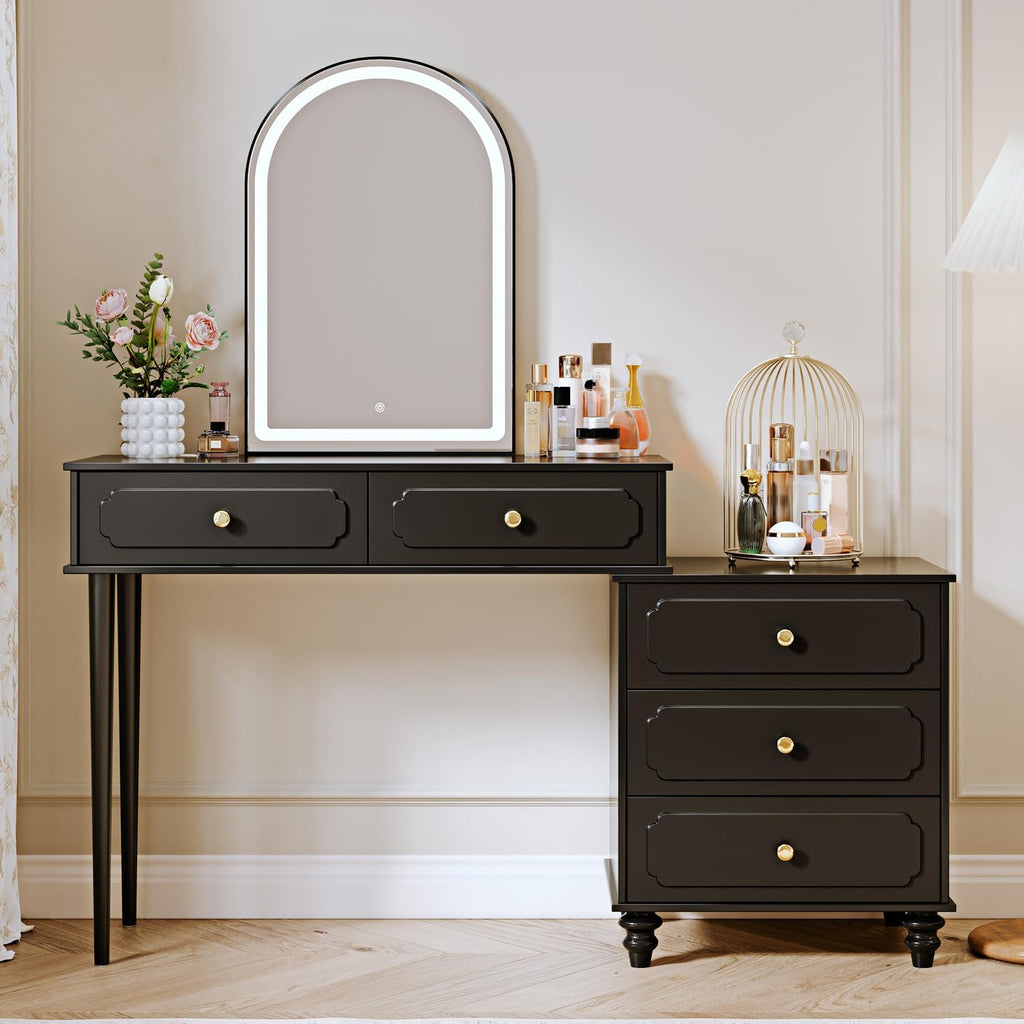 Ieejdn Black,Vanity Desk with Mirror and Lights,Makeup Vanity with Power Outlet and Adjustable Cabinet,Modern Makeup Table with 3 Drawers for Bedroom Makeup Room