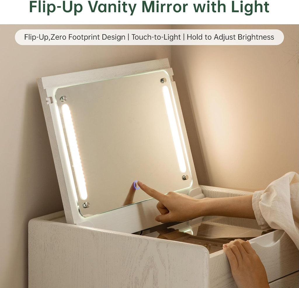 YESWOOD Small Vanity Desk with LED Mirror, Solid Oak Wood Flip-top Design Dressing Table, Vintage Dressing Table Vanity Desk for Corner, White, 20' D x 18.5' W x 32' H