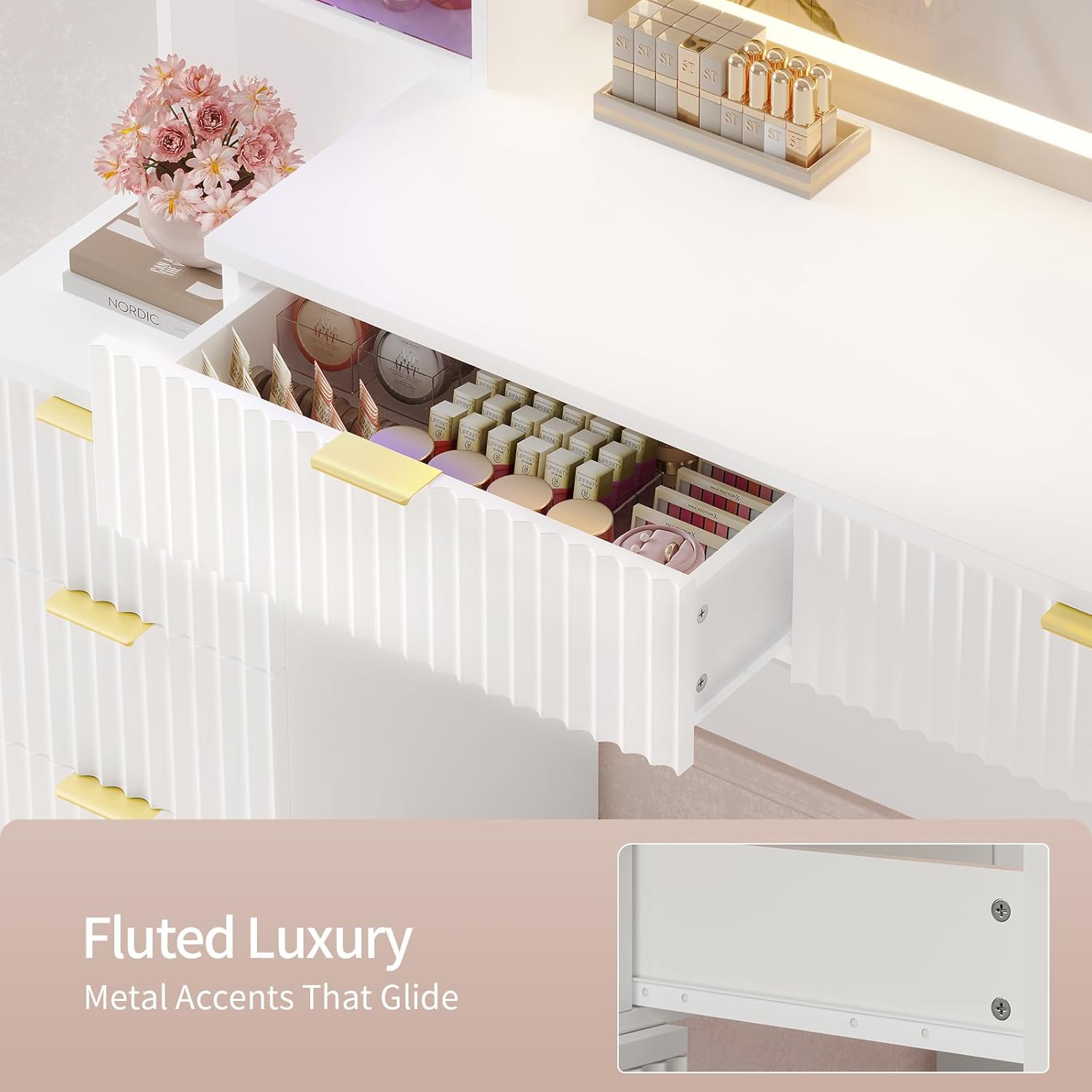 HAUOMS Big Vanity, Fluted Wood Makeup Vanity Desk with Mirror and Sound Sync LED Lights, Large Vanity Dressing Table, 8 Drawers, Charging Station for Girls, Women (White, 59.1' Width)