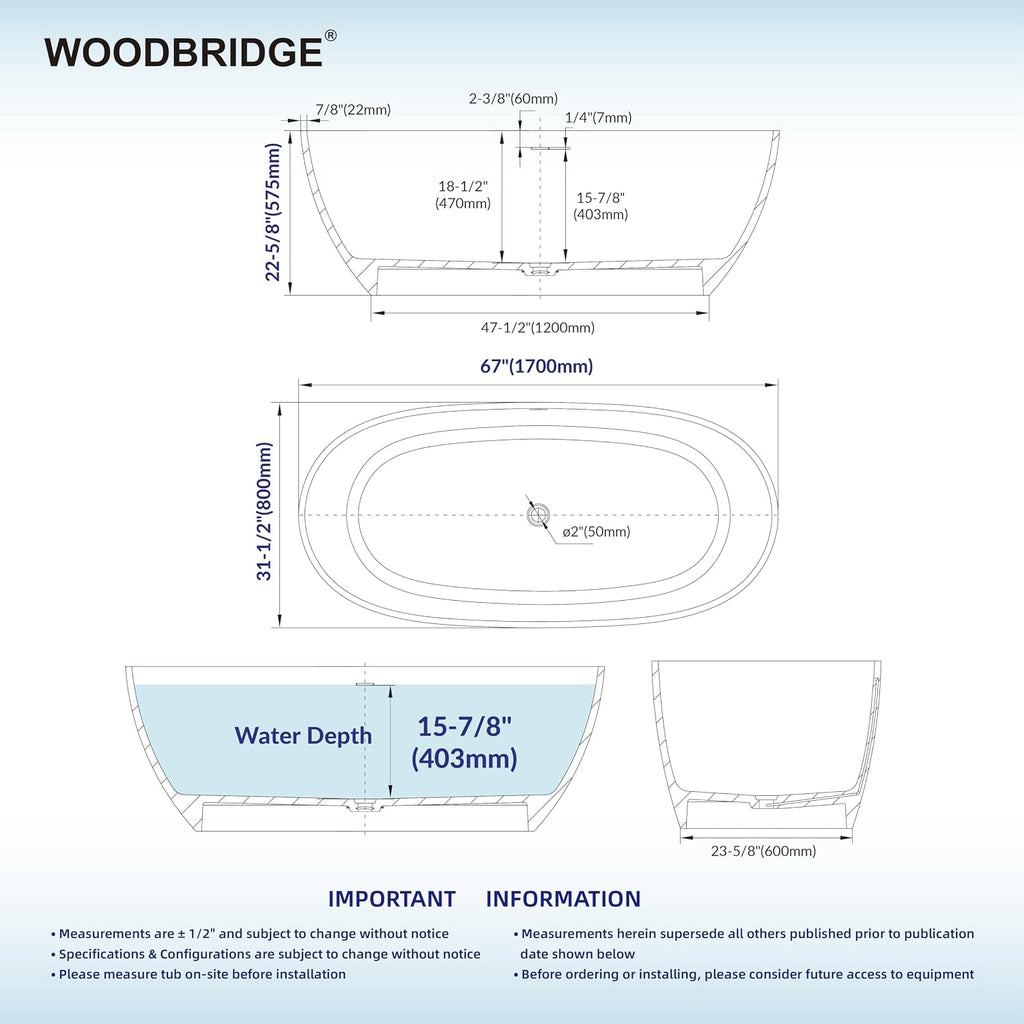 WOODBRIDGE 67' Marble-Pattern Stone Resin Freestanding Soaking Tub, Modern Oval Solid Surface Bathtub with Integrated Slotted Overflow & Drain, Matte Finish, CST0745