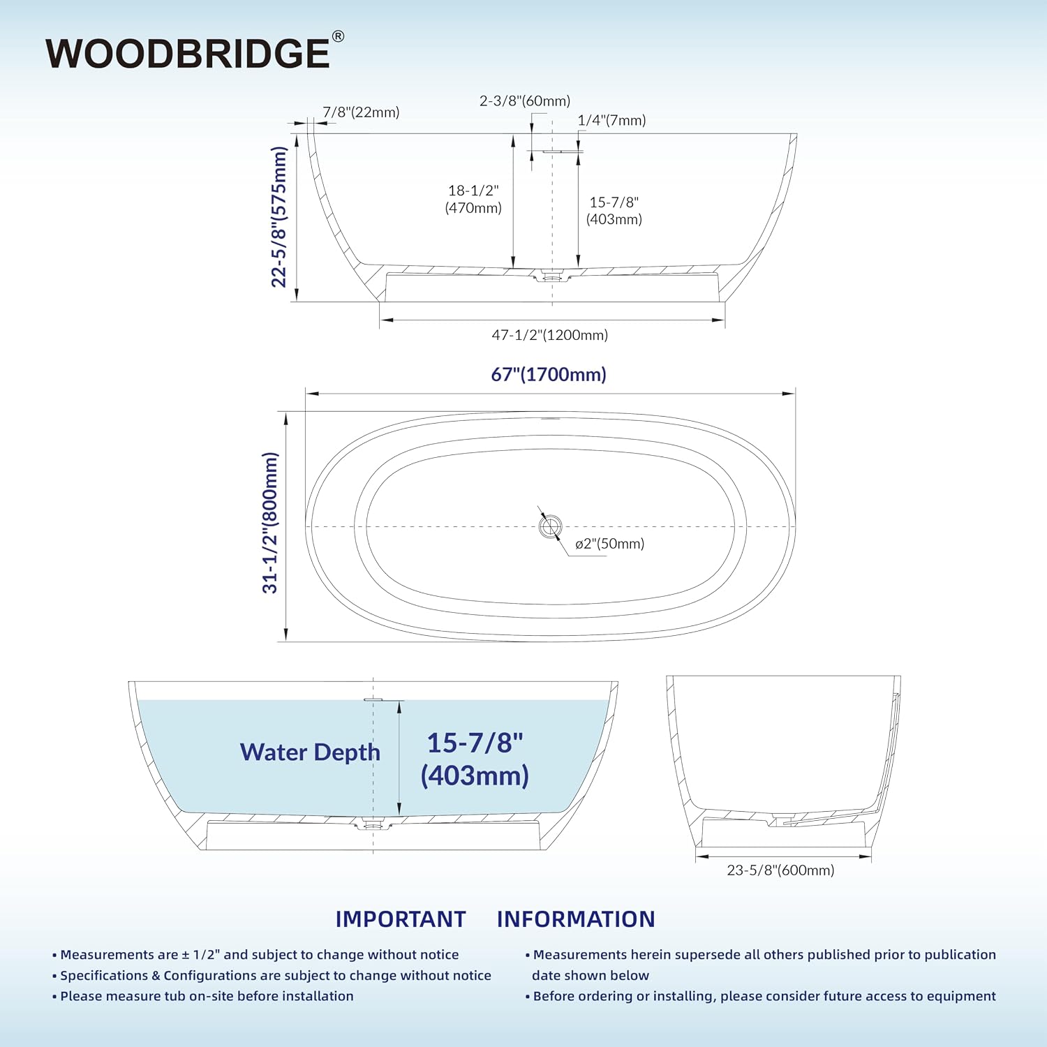 WOODBRIDGE 67' Marble-Pattern Stone Resin Freestanding Soaking Tub, Modern Oval Solid Surface Bathtub with Integrated Slotted Overflow & Drain, Matte Finish, CST0745