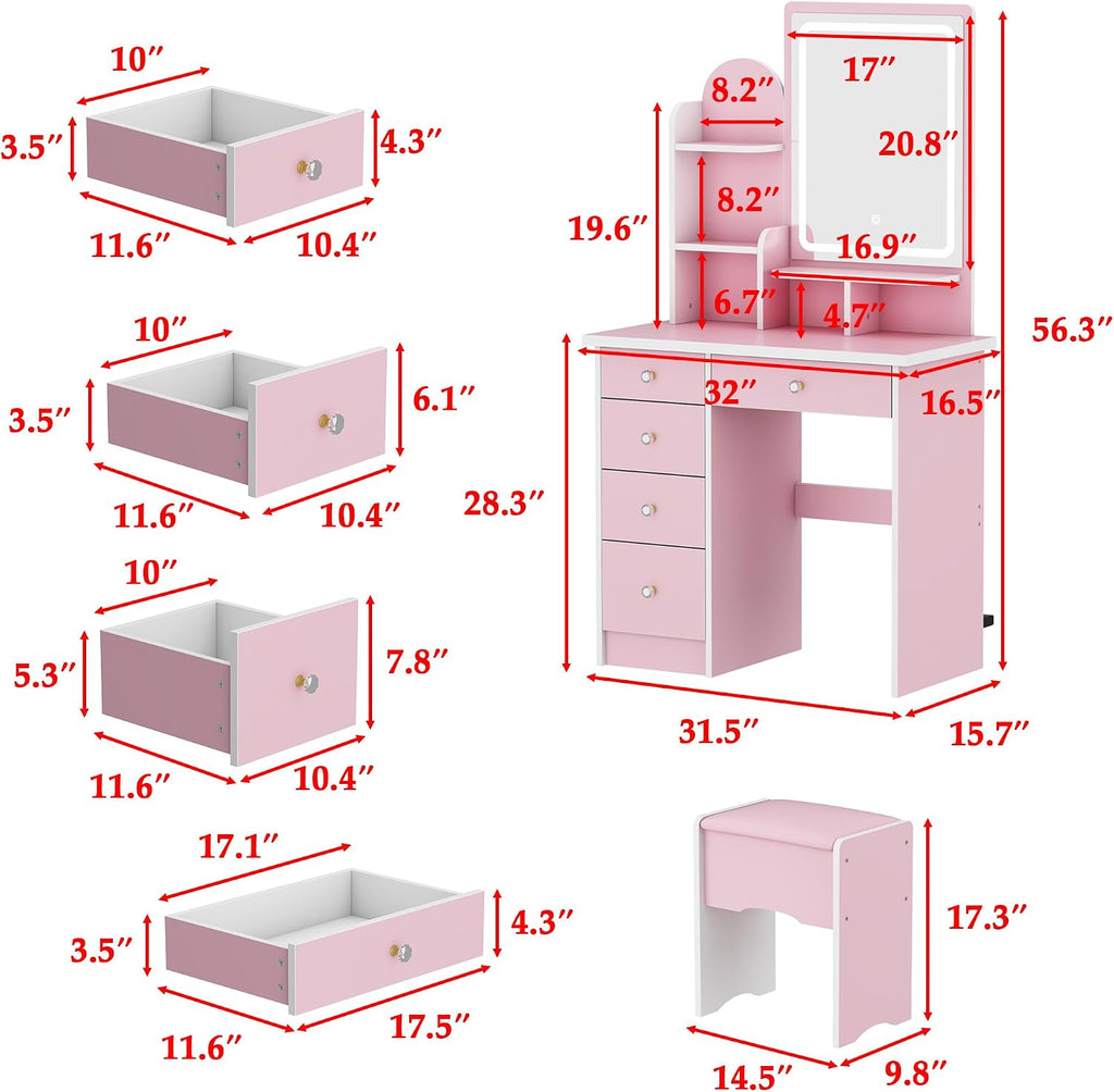 FUFU&GAGA Vanity Set with Rectangular Mirror & Lights, Makeup Vanity Dressing Table with 5 Drawers, Shelves, Dresser Desk and Cushioned Stool Set (Pink/Lighted Mirror)