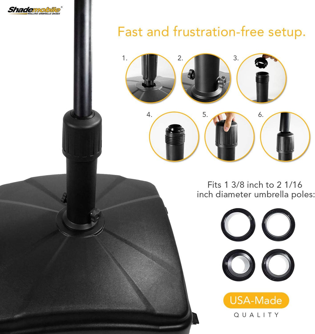 Outdoor Umbrella Stand w/ Easy Rolling Base (up to 125lb) Heavy Duty Universal Design for Weighted Commercial Patio & Deck Big Mobile Sun Shade w/ Hidden Wheels | Black