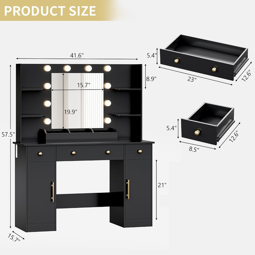 Vanity Desk with Mirror and Lights, 43'' Makeup Dressing Table Set with 5 Drawers & Power Outlet, 3 Lighting Modes Brightness Adjustable, Vanity with RGB Ambient Light for Women Girls Bedroom, Black