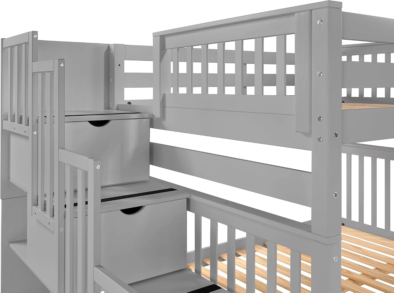 Bedz King Stairway Bunk Beds Full Over Full, 4 Step Drawers, 2 Storage Drawers, Gray
