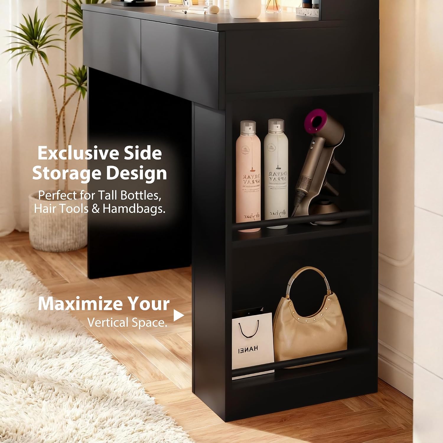 Furmax Vanity Desk with Mirror and LED Lights, Makeup Vanity Table with 3 Lighting Color, Adjustable Brightness, Vanity Table with 2 Drawers, Side Storage, for Bedroom (Black, No Bench)