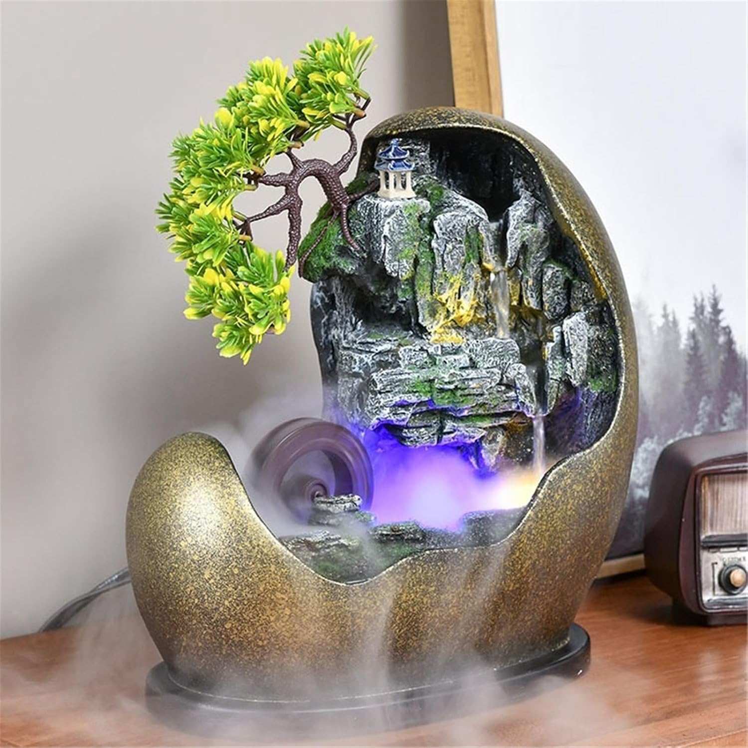 Tabletop Water Fountain Tabletop Waterfall Fountain – Adjustable Pump or Faux Bonsai Tree, Resin Indoor Desk Fountain Décor Office Relaxation Meditation Fountain(Blue)
