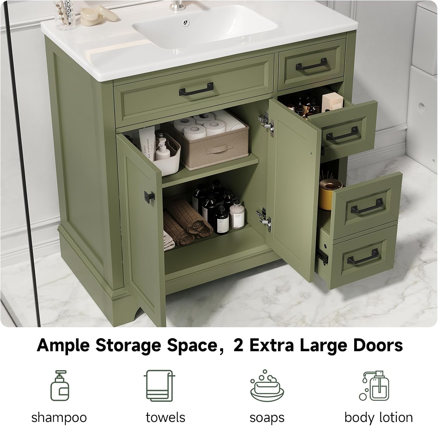 ONBRILL 36' Luxurious Bathroom Vanity with Ceramic Sink, Modern Freestanding Bathroom Single Sink Vanities Cabinet with 2 Soft Closing Doors & 2 Drawers, Adjustable Shelf & Paint Surface (Green)