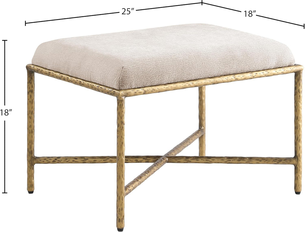 Meridian Furniture 22061Beige Valley Collection Modern | Contemporary Bench with Soft Beige Chenille Fabric, Brushed Brass Forged Iron Metal Legs and Frame, 25' W x 18' D x 18' H, Beige