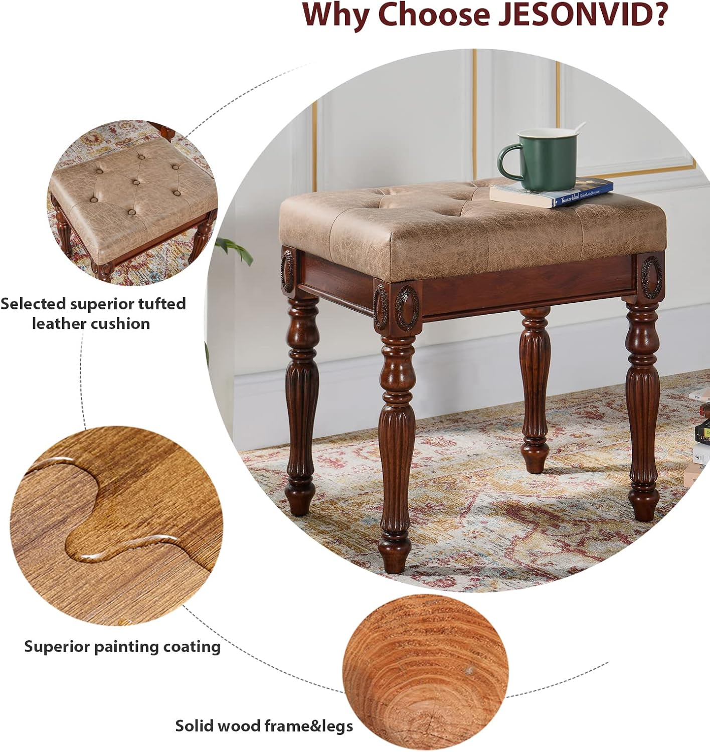 Solid Wood Upholstered Vanity Bench, Small Vintage Ottoman Leather Tufted Foot Stool with Padded Cushion Seat Carved Footrest Rustic Legs for Bedroom Living Room 1533LT(Light Yellow)