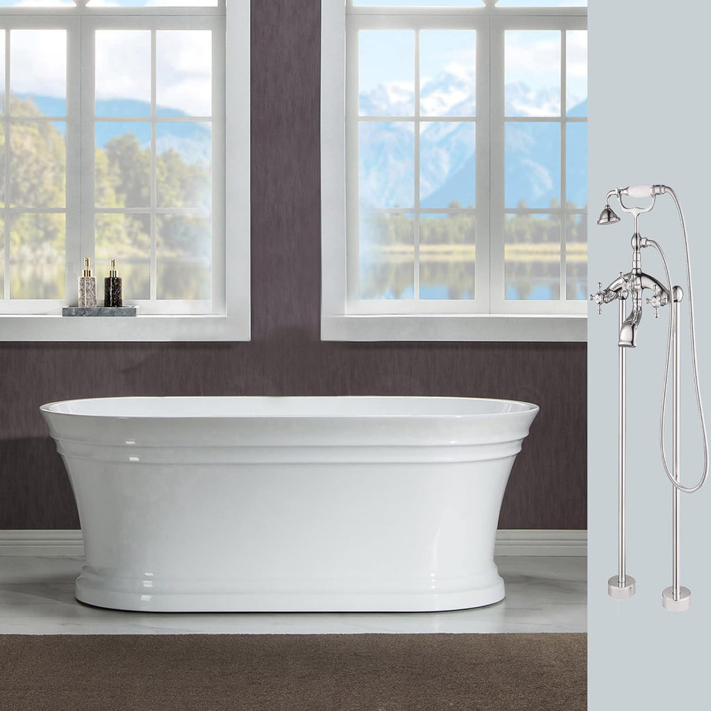 WOODBRIDGE 59'Freestanding White Acylic Soaking Bathtub with Drain Kit and Floor Mount Tub Filler in Brushed Nickel,BTA1536 -B/N-Drain &O +F0018BN