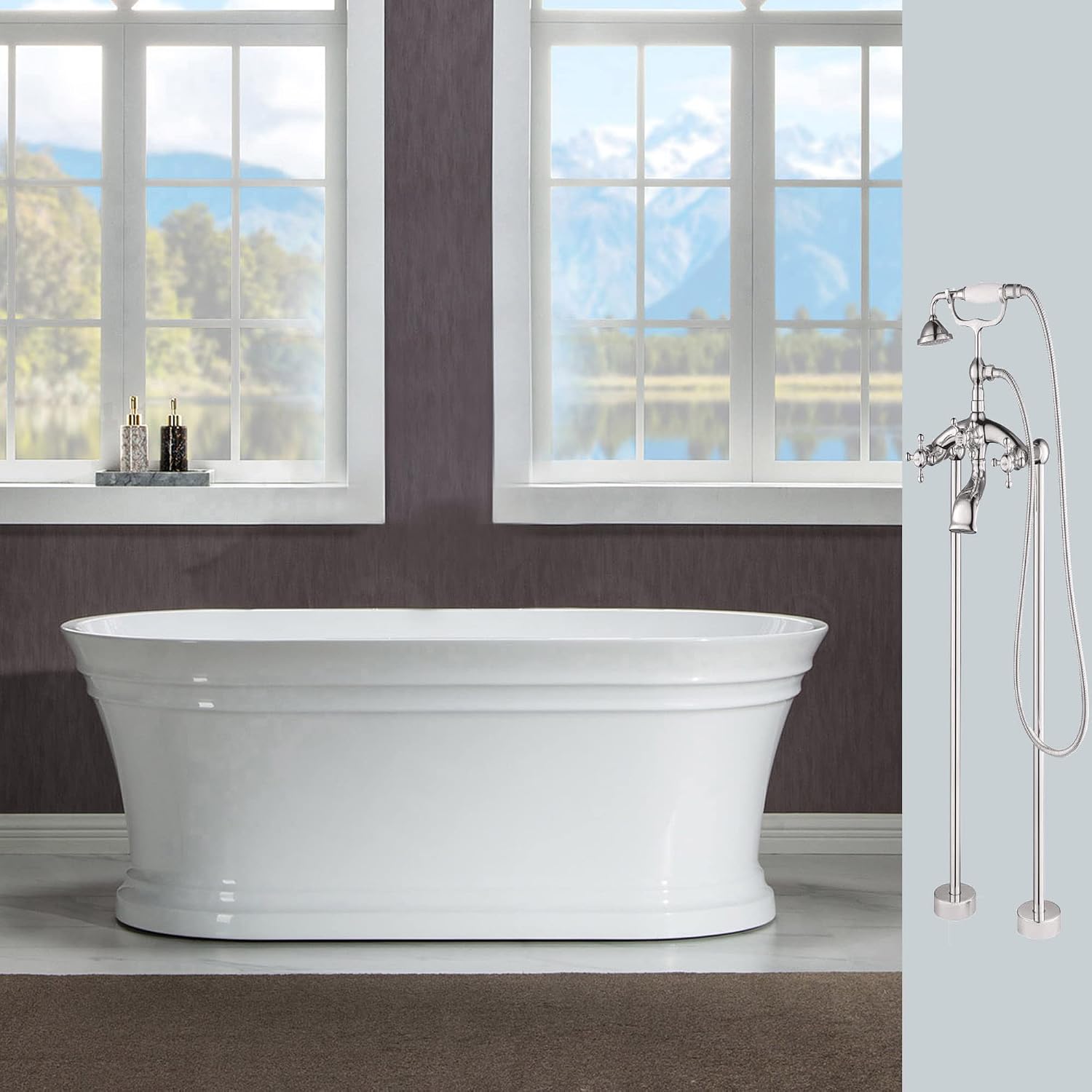 WOODBRIDGE 59'Freestanding White Acylic Soaking Bathtub with Drain Kit and Floor Mount Tub Filler in Brushed Nickel,BTA1536 -B/N-Drain &O +F0018BN