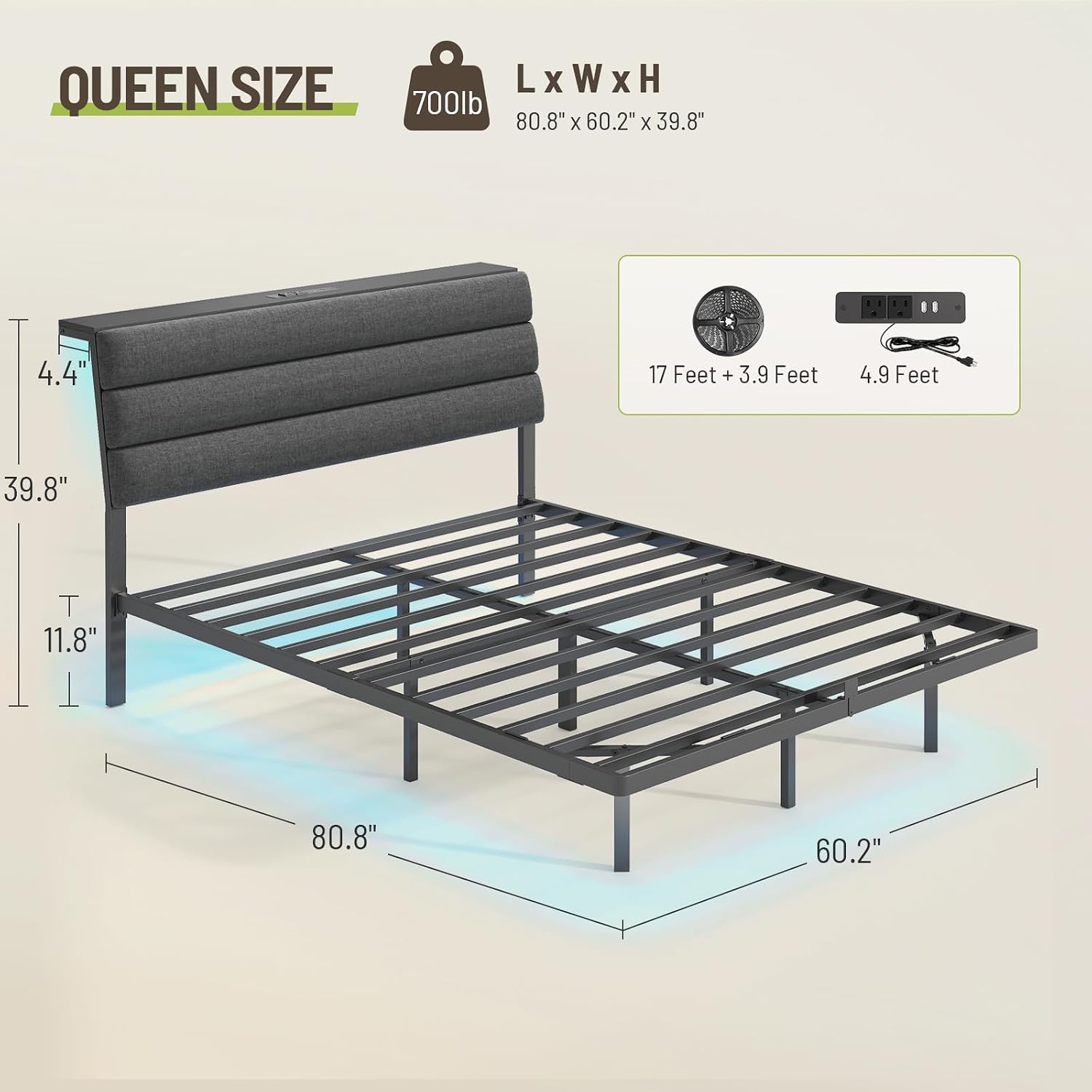 Floating Bed Frame Queen, Platform Bed with LED Lights & Charging Station, Ergonomic Storage Headboard, Heavy Duty Metal Slats, No Box Spring Needed, Easy Assembly, Dark Gray