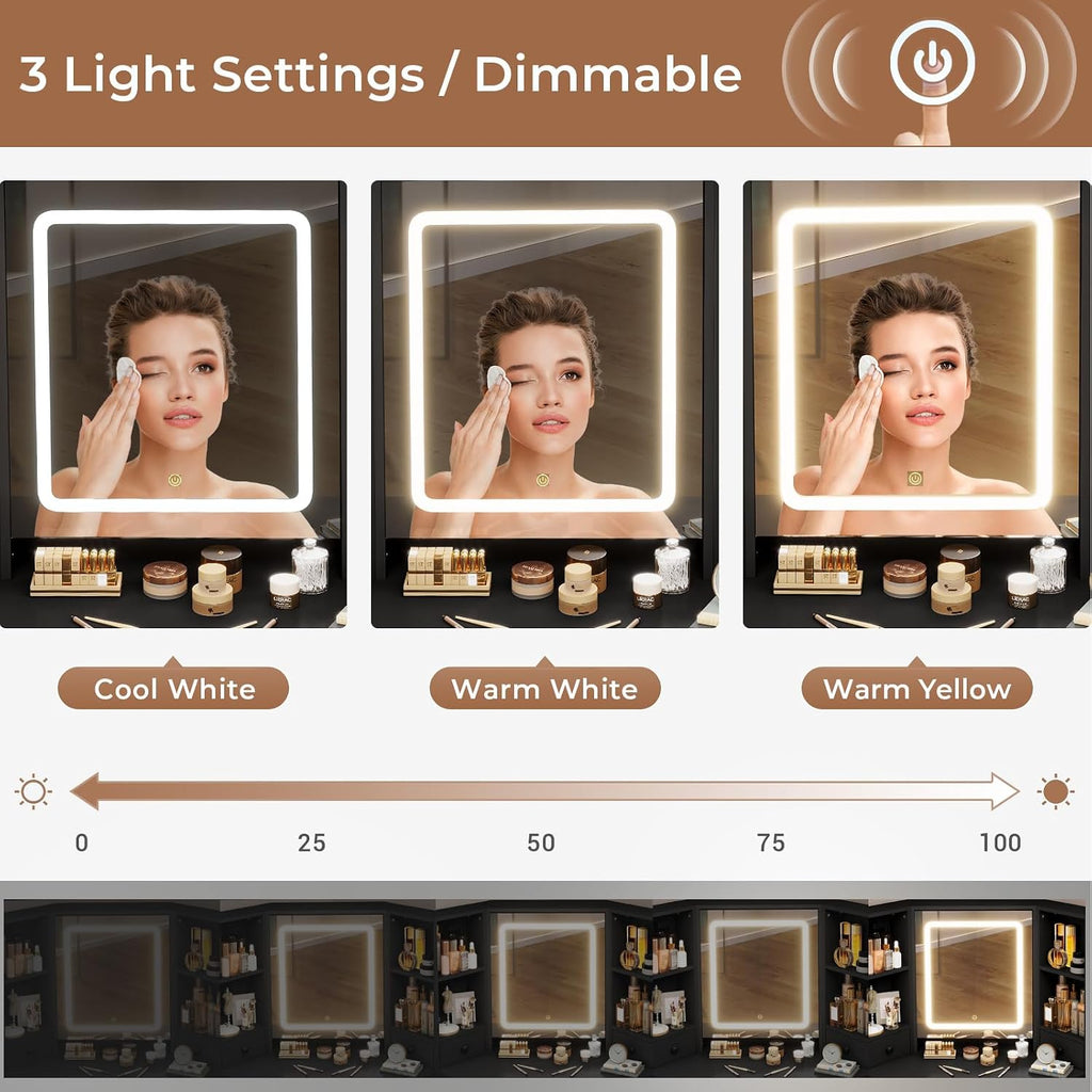 HAUOMS Vanity Desk with Mirror Lights, Storage Bench & Power Outlet, Corner Vanities with Rotating Cabinet & Drawers, 3 Light Settings Vanity Set, for Women Girls, Black