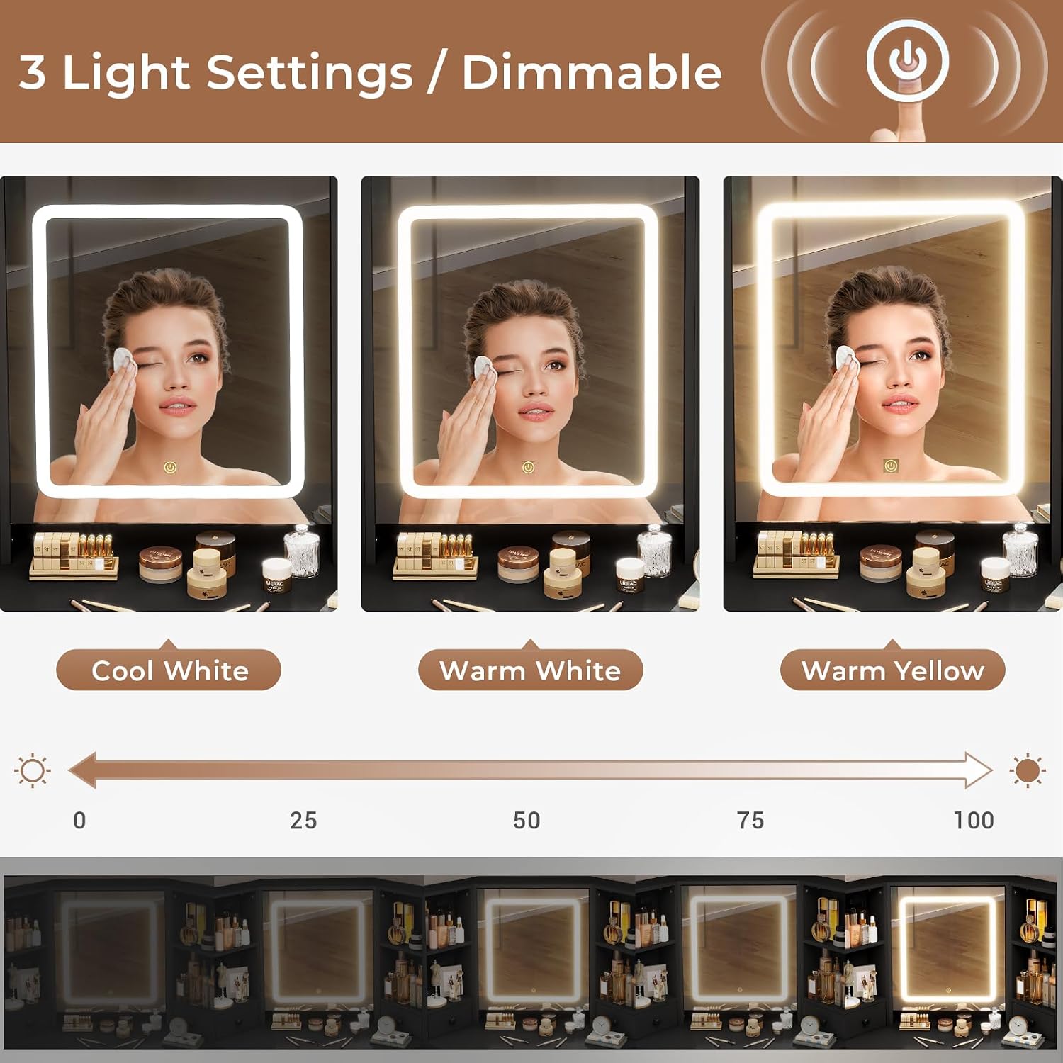 HAUOMS Vanity Desk with Mirror Lights, Storage Bench & Power Outlet, Corner Vanities with Rotating Cabinet & Drawers, 3 Light Settings Vanity Set, for Women Girls, Black