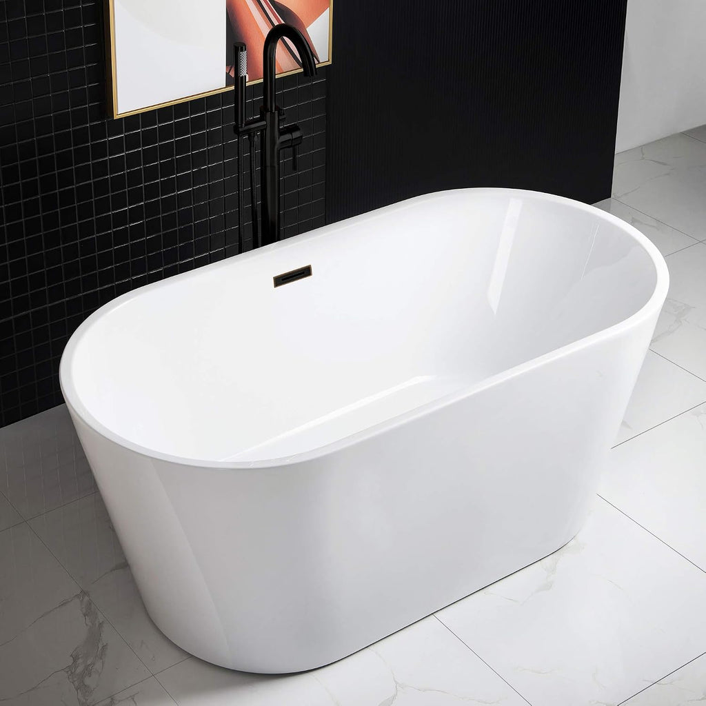 WOODBRIDGE 59' Acrylic Freestanding Bathtub Contemporary Soaking White Tub with Oil-Rubbed Bronze Overflow and Drain,B0014-ORB
