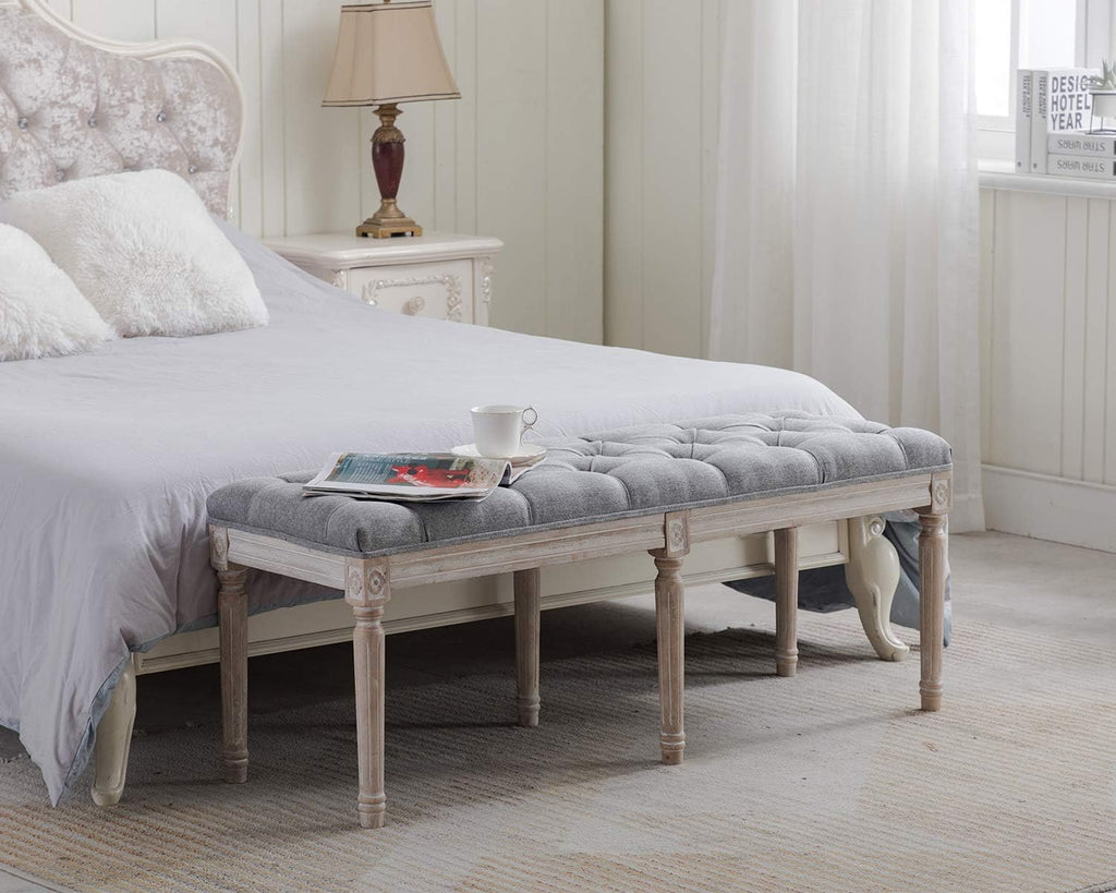 Kmax 45' Upholstered Dining Room Bench, Rustic Living Room Ottoman Bench with Carved Pattern & Rustic White Brushed Rubber Wood Legs, Gray