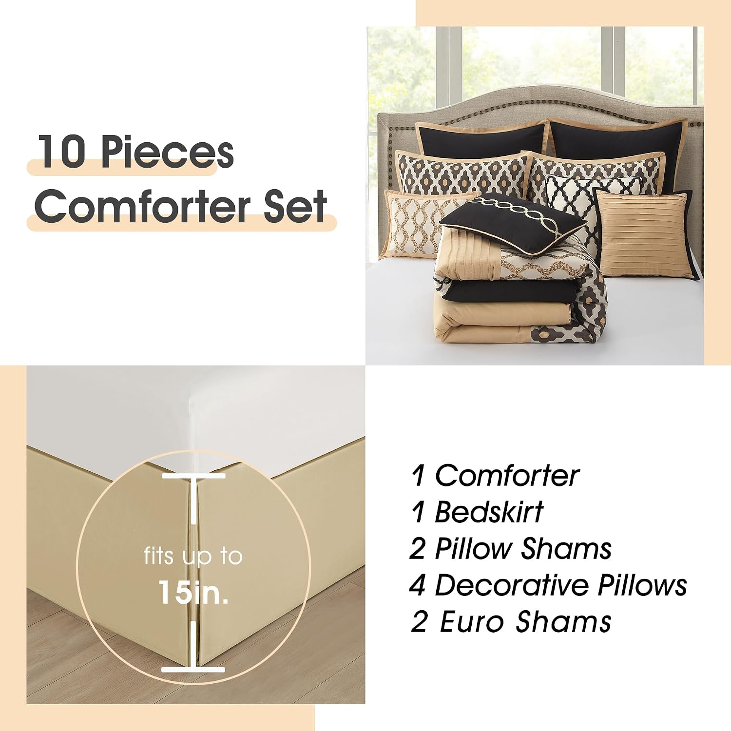 LANCO MODERN LIFESTYLE California King Comforter Set, Black Gold, 10 Piece Bed in a Bag for All Seasons, Luxury Extreme Comfort Bedding Sets with Bedskirt, Pillow Shams, Euro Shams and Decor Pillows