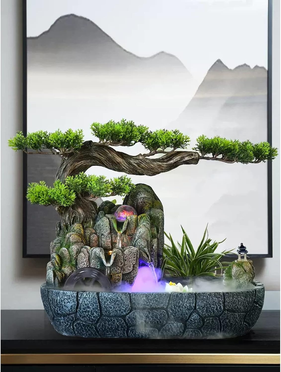 Tabletop Water Fountain Indoor Water Fountain Resin Chinese Artificial Tree Rockery Tabletop Fountain with Rolling Ball Zen Fountain for Home Office Bedroom Desk Decoration Indoor Fountain