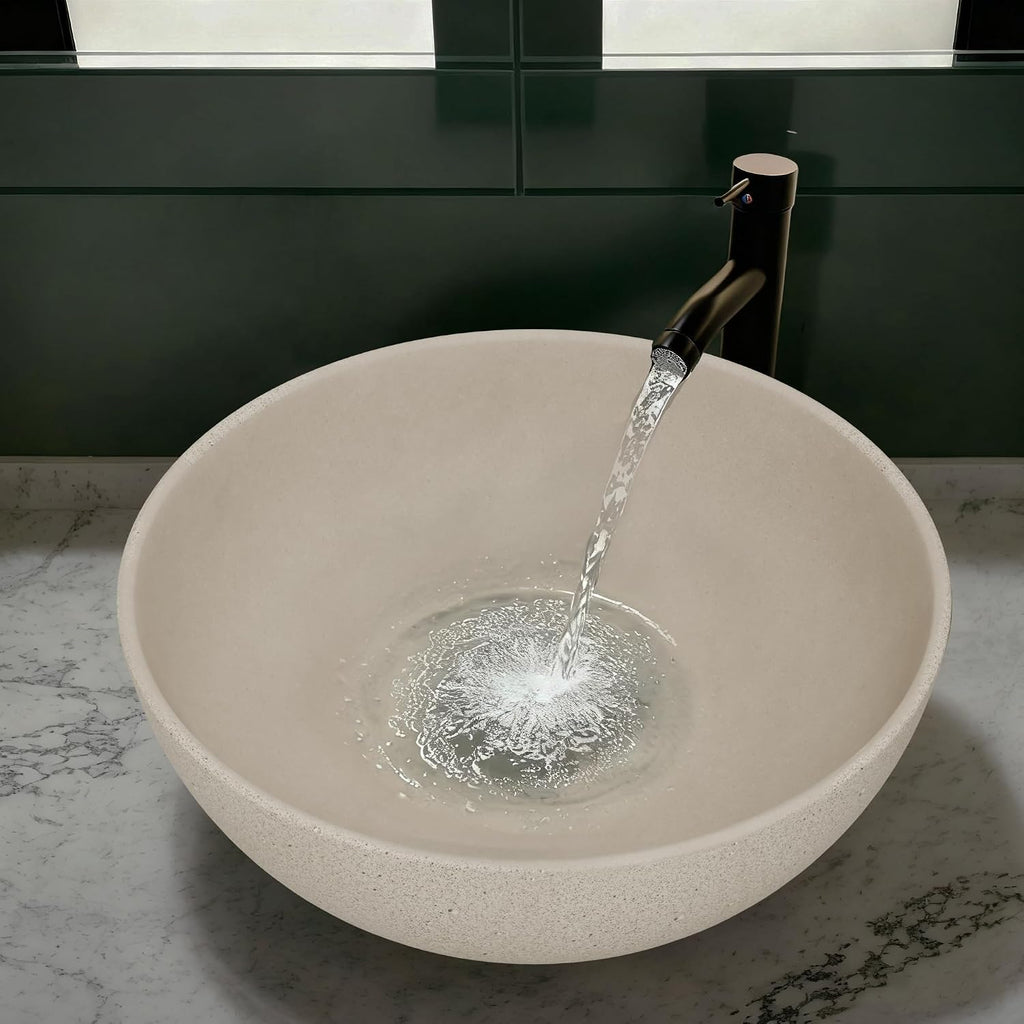 YIMAI Handcrafted Concrete Vessel Sink with Faucet & Drain – Eco-Inspired Coffee Grounds Countertop Basin, 15.7'x5.5', Artisan Brown Cement Bathroom Vanity Bowl for Modern & Luxury Spaces