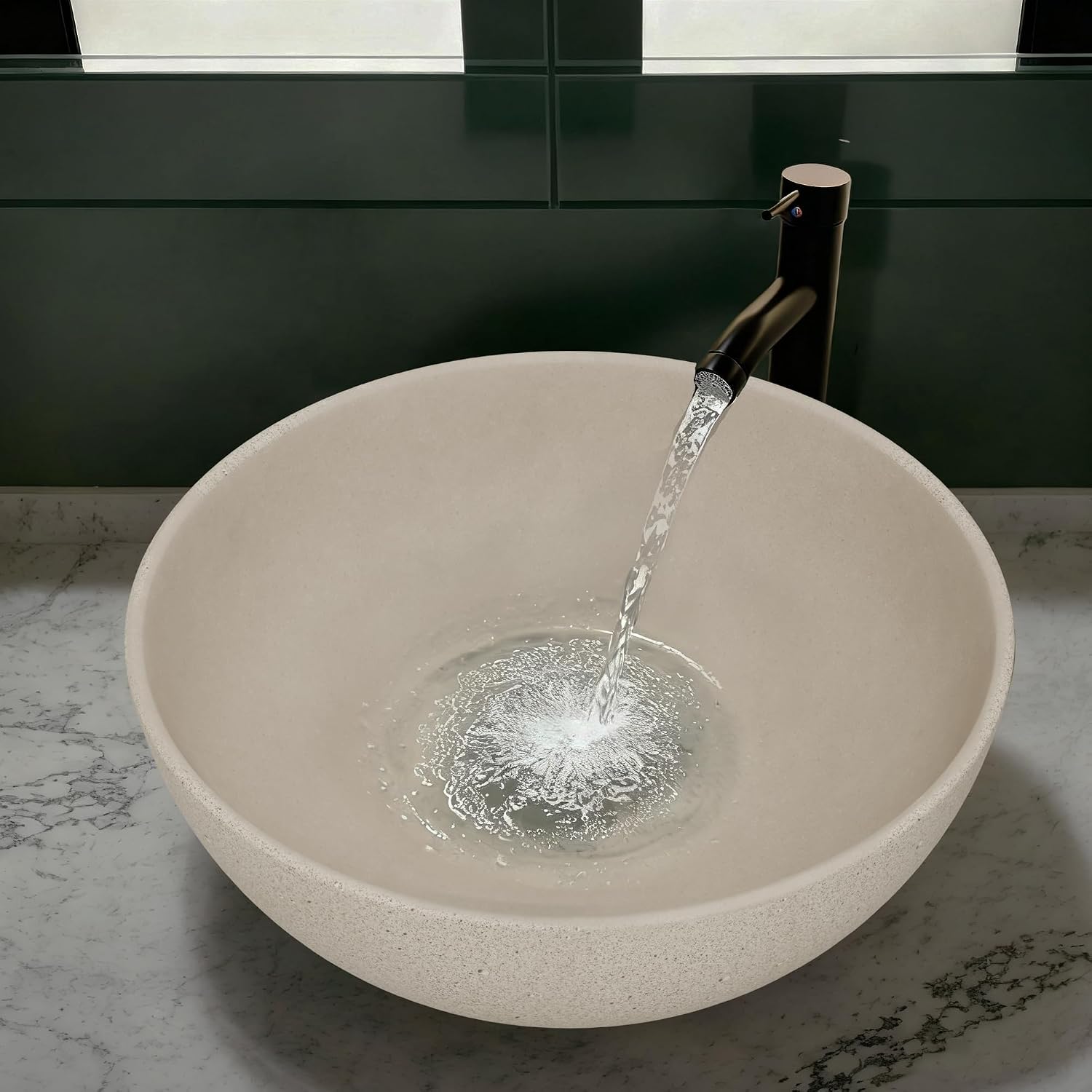 YIMAI Handcrafted Concrete Vessel Sink with Faucet & Drain – Eco-Inspired Coffee Grounds Countertop Basin, 15.7'x5.5', Artisan Brown Cement Bathroom Vanity Bowl for Modern & Luxury Spaces