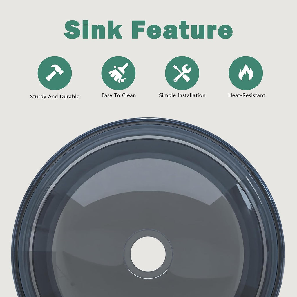 Design Vessel Sink Bathroom Sink above counter Small Vessel Sink Bathroom Sink Bowl Countertop Modern Sinks with faucet and drain combo 16.5' Round Transparent New