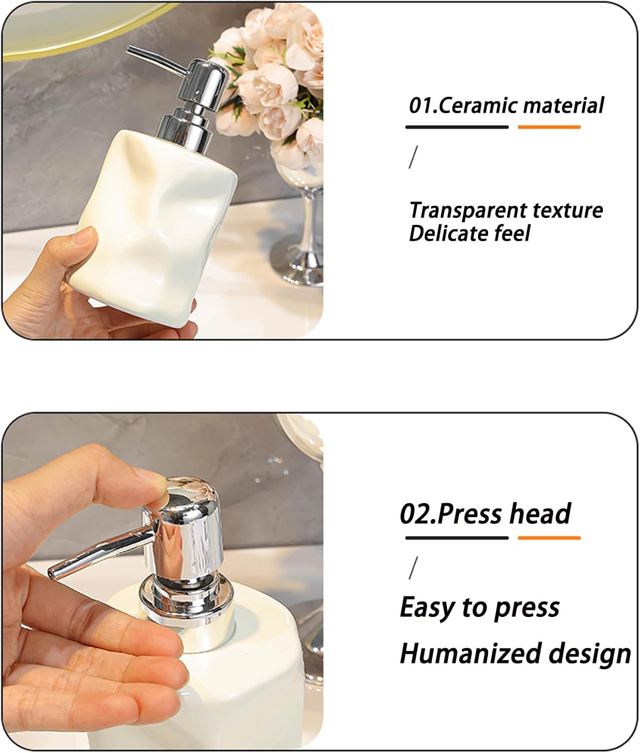 Push Type Foam Dispenser with Acrylic Frame,Hand Pump Dispenser Foaming Soap Dispenser Ceramic Dish Liquid Dispenser for Kitchen Bathroom Hand Wash Bottle