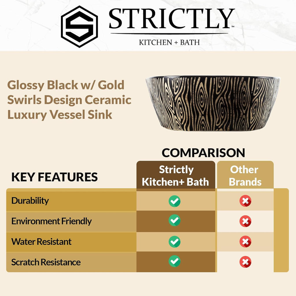 Strictly Sinks 23.5 Inch Bathroom Vessel Sink – Glossy Black w/Gold Swirls Design Ceramic Countertop Bathroom Sink – Above Counter Luxurious Vessel Sink for Bathroom (23-1/2″ W x 15″ L x 5-1/4″ H)