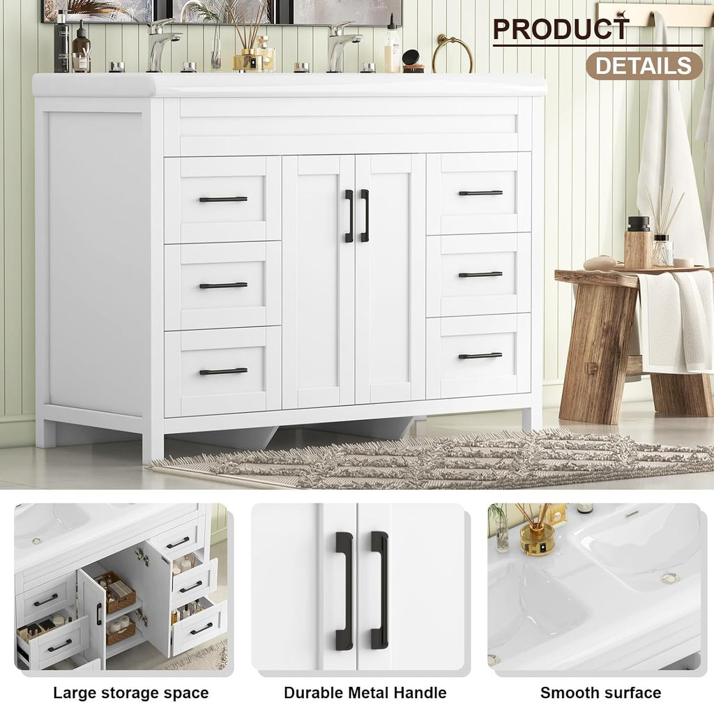 Bathroom Vanity with Double Sink, 48 inch Modern Bathroom Storage Cabinet with Undermount Ceramic Sink, Soft Closing Doors and 6 Drawers, White