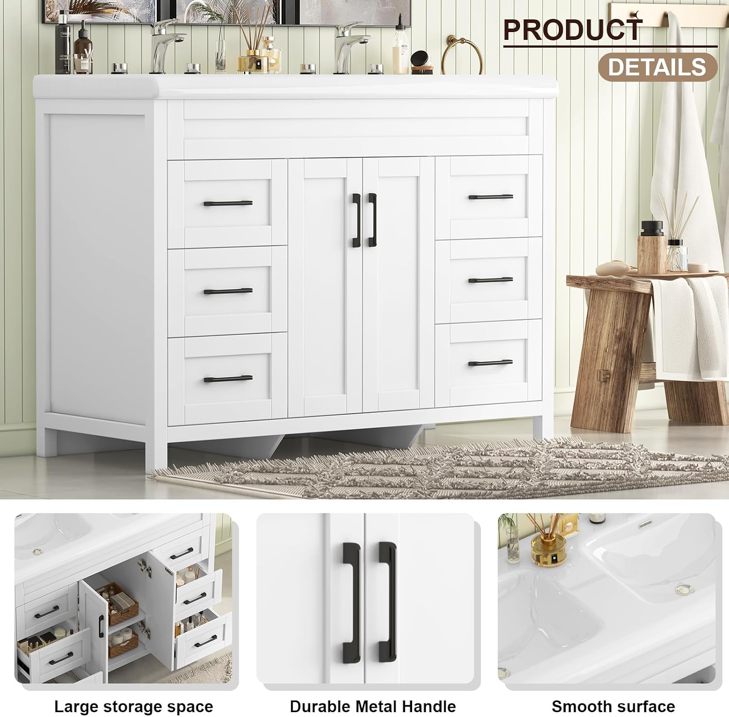 Bathroom Vanity with Double Sink, 48 inch Modern Bathroom Storage Cabinet with Undermount Ceramic Sink, Soft Closing Doors and 6 Drawers, White