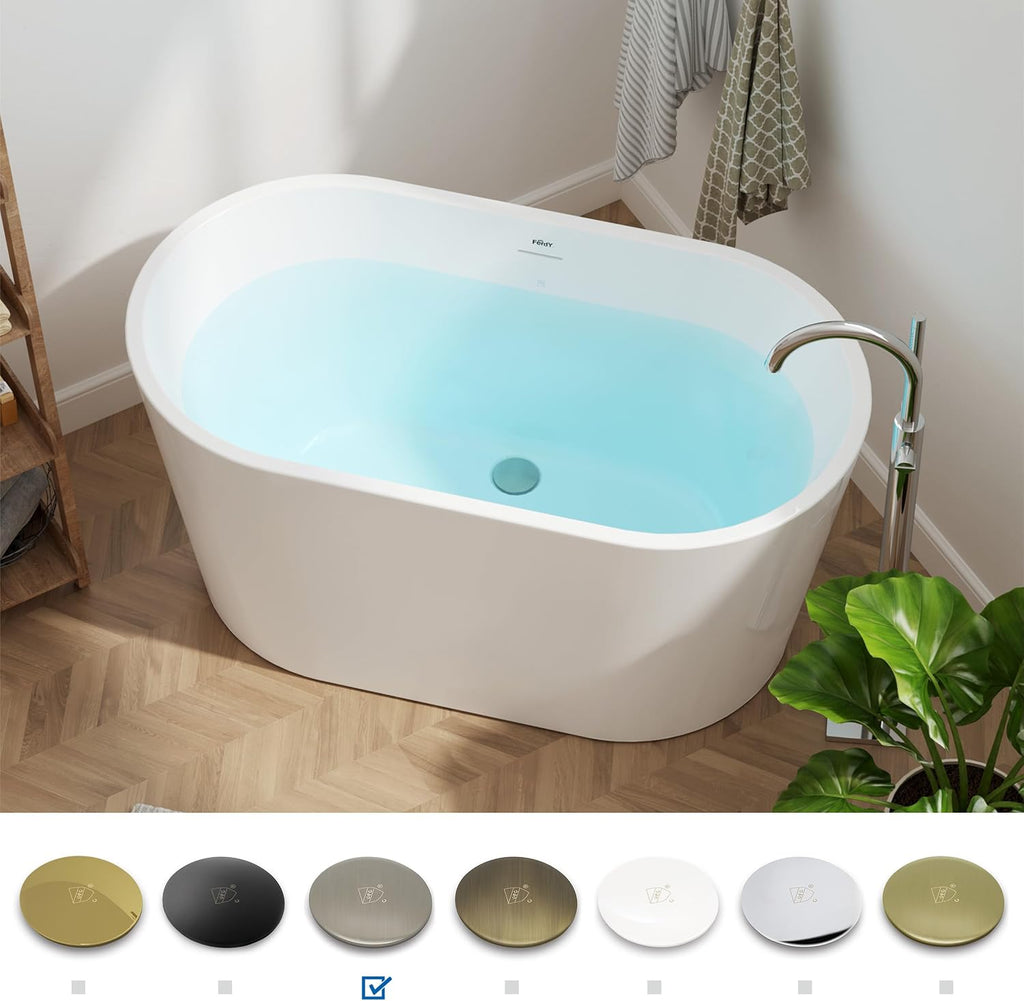 FerdY Shangri-La 47' Acrylic Freestanding Bathtub, Small Classic Oval Shape Acrylic Soaking Bathtub with Brushed Nickel Drain & Minimalist Linear Design Overflow, Modern White, cUPC Certified