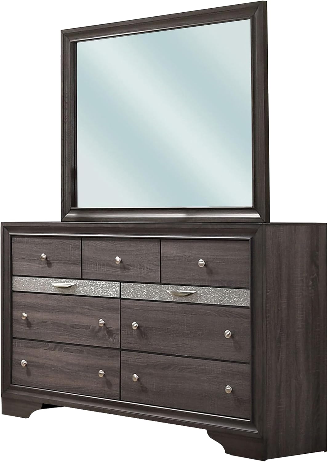Benjara ISY Four PC Queen Size Bedroom Set-Silver Accent Knobs-Contemporary Gray