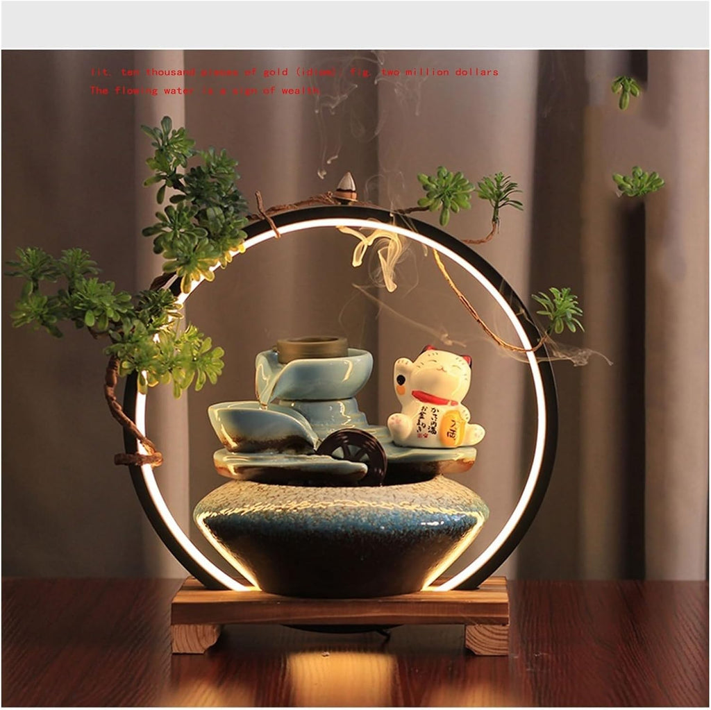 Desktop Fountain， Zen Garden Mini Fish Tank with Lucky Cat Fountain - New Office Desk Water Feature - Feng Shui Gift for Home and Business,Interior Decorations