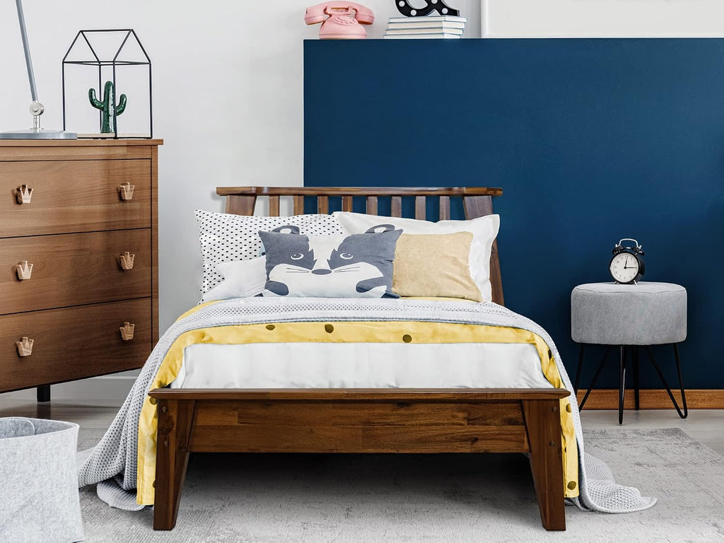 A ACACIA FURNITURE Kaylin Wooden Bed Frame with Headboard, Solid Wood Platform Bed with Wood Slat Support, No Box Spring Needed, Twin, Chocolate, 14 Inch, V1