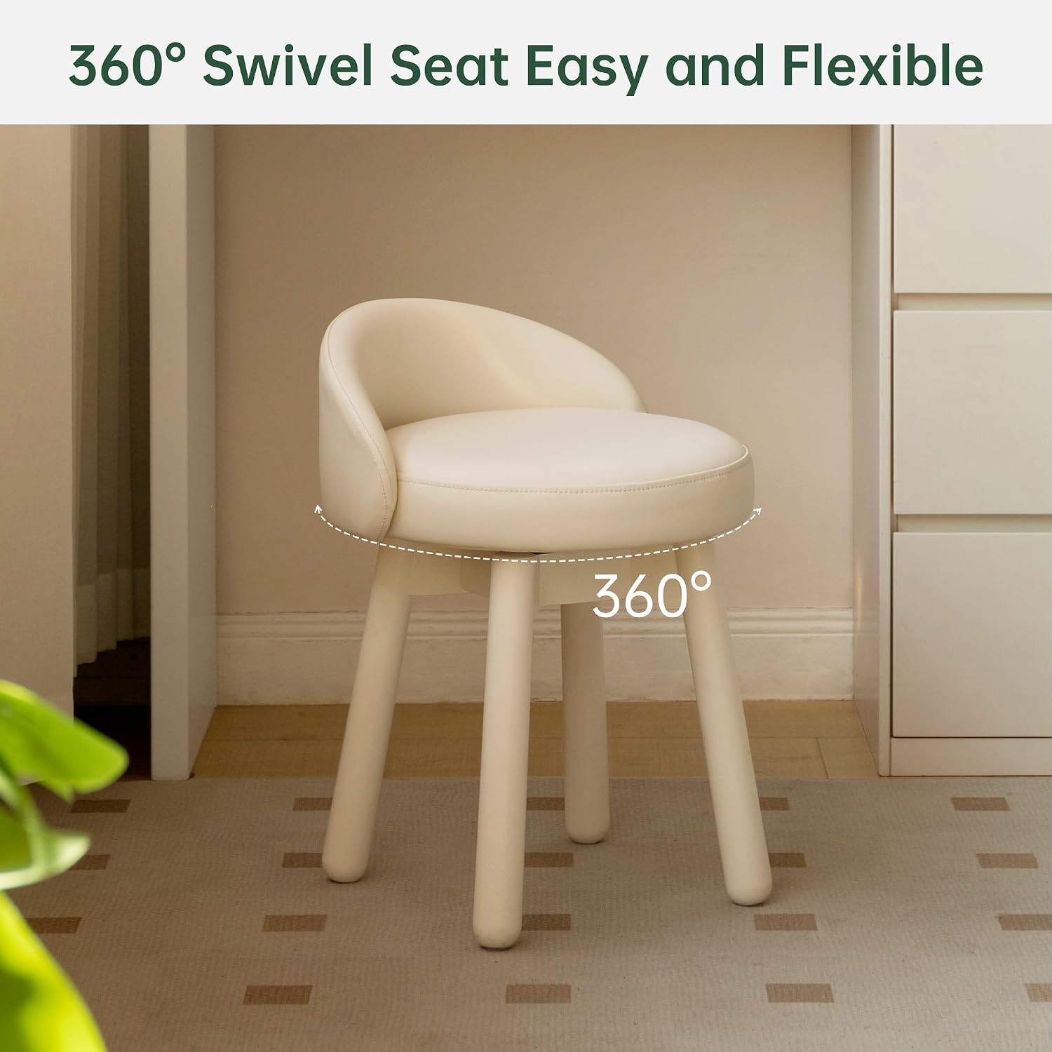 YESWOOD Adjustable Vanity Stool, 360 Swivel Chair for Makeup Room, Fully Assembled Makeup Chair, White Faux Leather Stool for Bathroom & Living Room, White