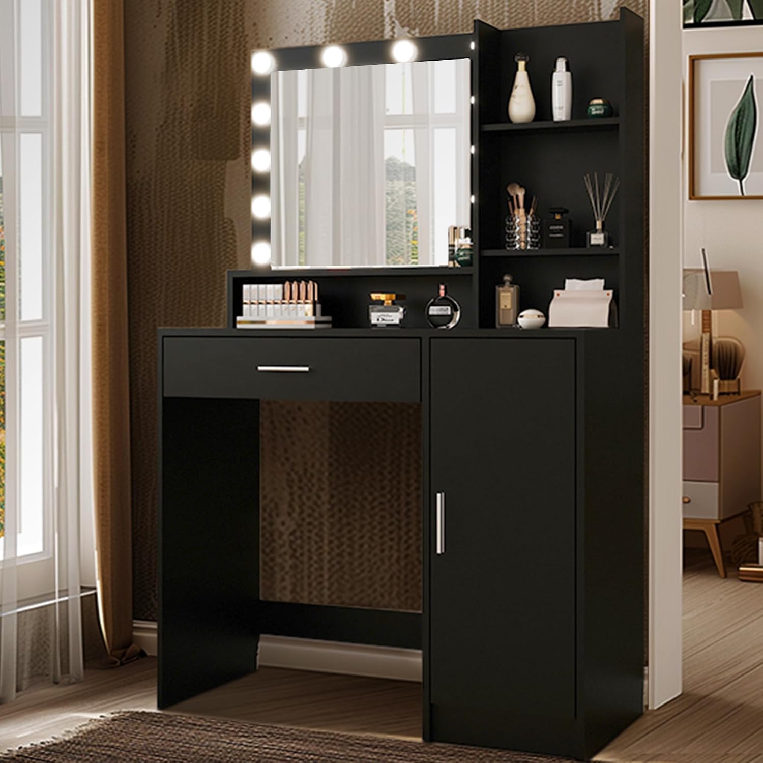Palimder Vanity Desk with Mirror & Light, Large Drawer & Three Level Storage Dresser, 3 Lighting Modes Adjustable Brightness, Bedroom Dressing Table (Black)