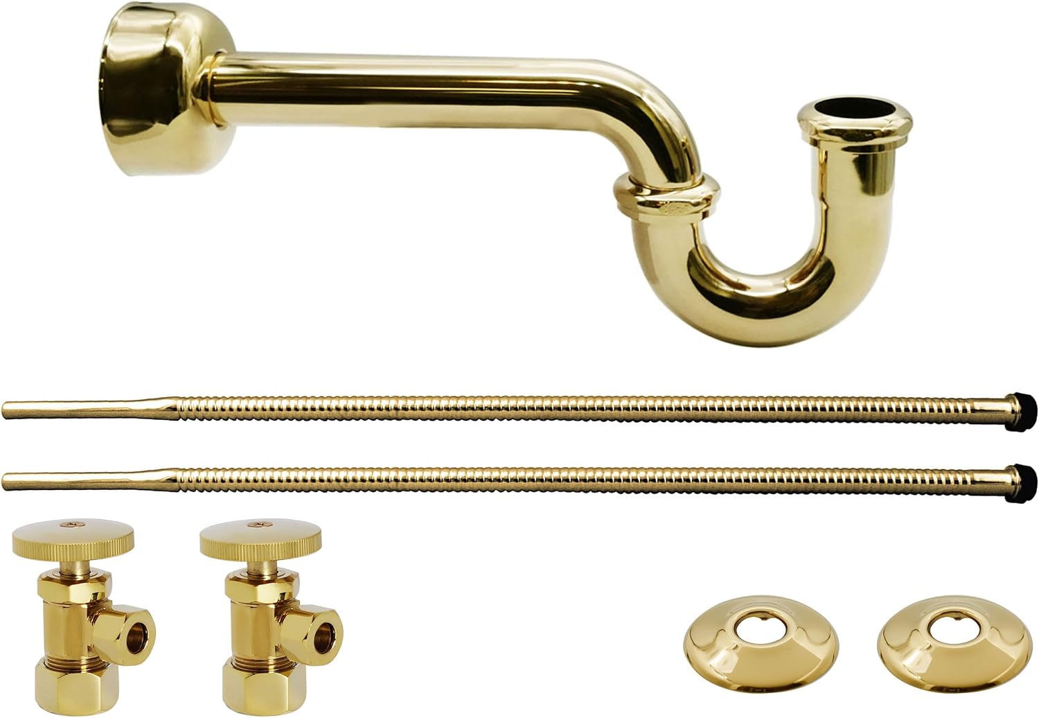 Westbrass D1538L-01 Pedestal Sink Lavatory Supply Line Kit with P-Trap and Round Handle Angle Stops, Polished Brass,