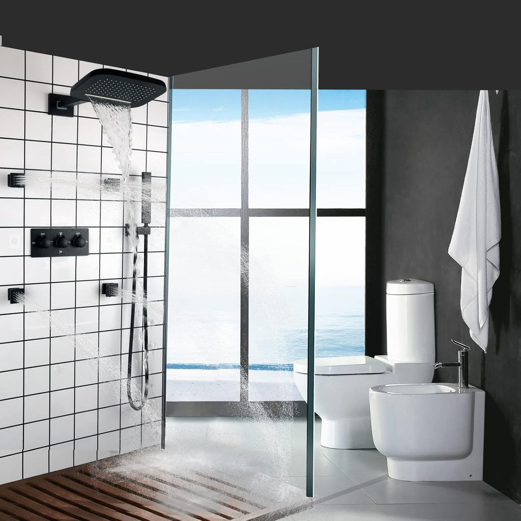 Waterfall Rain Shower System Wall Mounted Brass Shower Head and Handheld Sprays Massage Spa Body Combo Set (Matte Black)