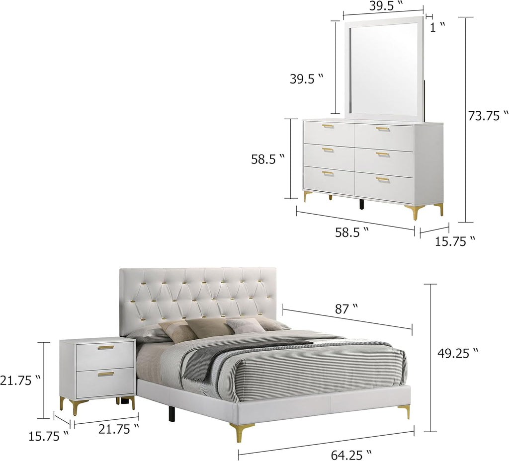 Benzara Dle 4 Piece Queen Bedroom Set, White Faux Leather, Modern Gold Accents