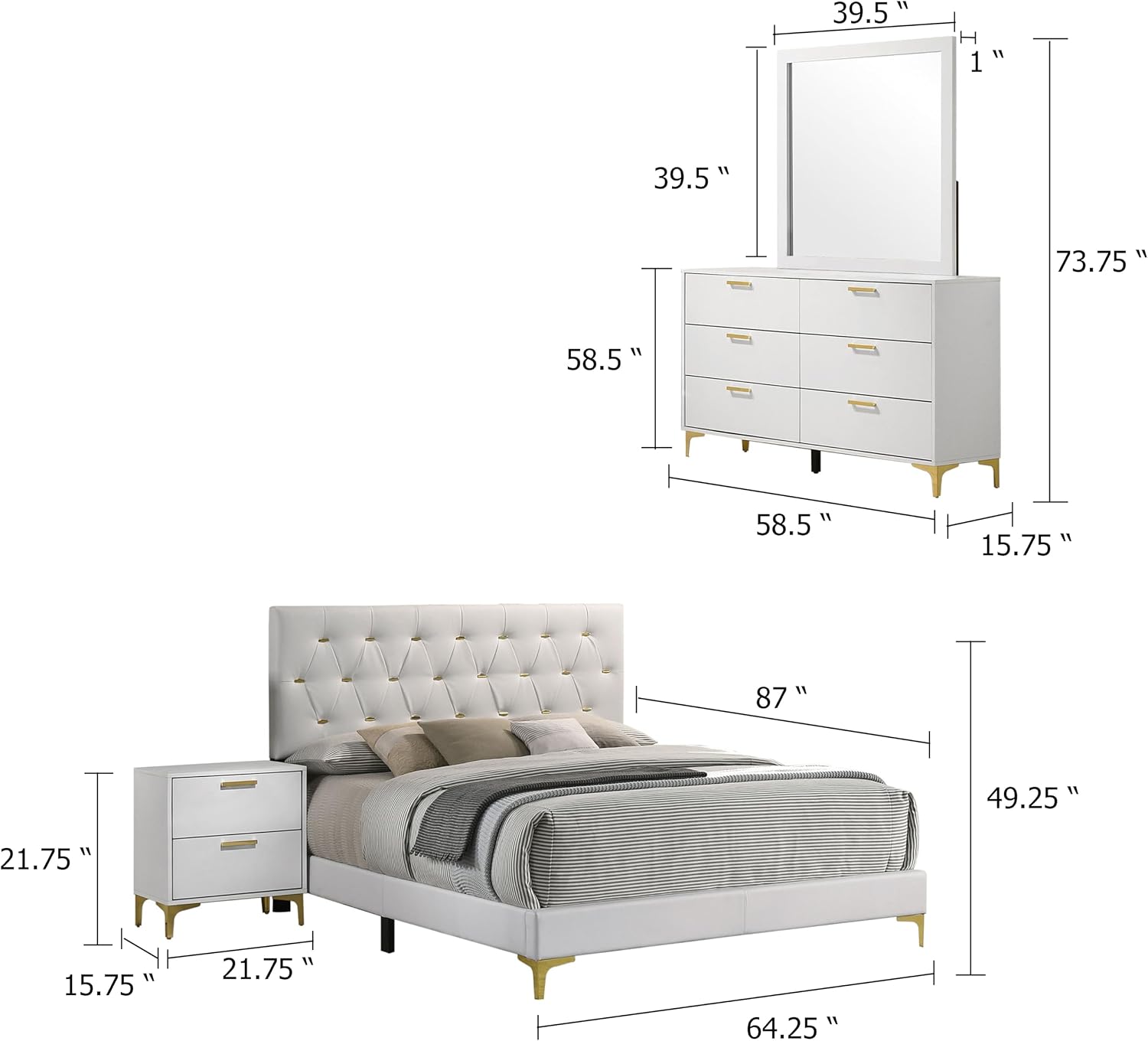 Benzara Dle 4 Piece Queen Bedroom Set, White Faux Leather, Modern Gold Accents
