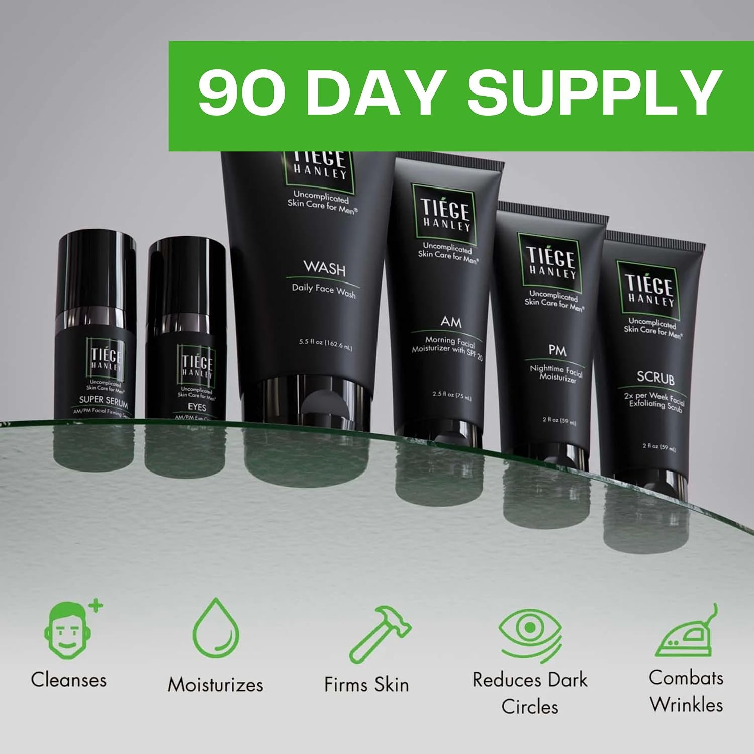 Tiege Hanley 90 Day Large Skin Care Set for Men, Anti Aging Routine, System Level 3, Daily Face Wash, Facial Scrub, Two Moisturizers, Eye Cream, and Serum for Healthy, Hydrated Skin, Men's Skin Care