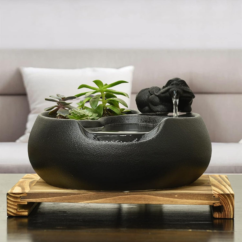 Tabletop Fountain Waterfall Ceramic Tabletop Fountain for Indoor and Outdoor Table Desk Office Patio Black Ceramic Fountain with Pumps and Wooden Base Indoor Waterfall Desktop Fountain (Color : B)