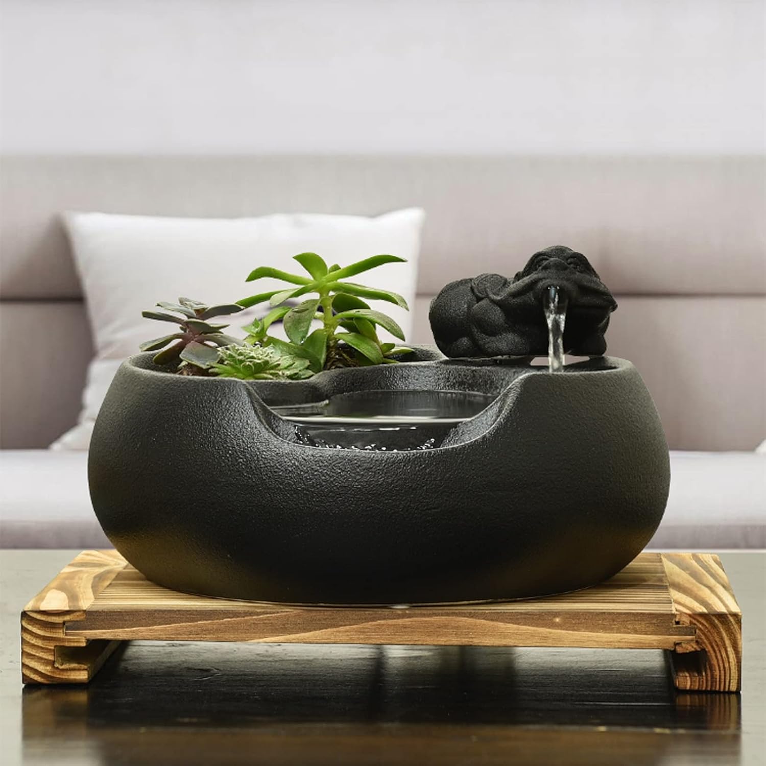 Tabletop Fountain Waterfall Ceramic Tabletop Fountain for Indoor and Outdoor Table Desk Office Patio Black Ceramic Fountain with Pumps and Wooden Base Indoor Waterfall Desktop Fountain (Color : B)
