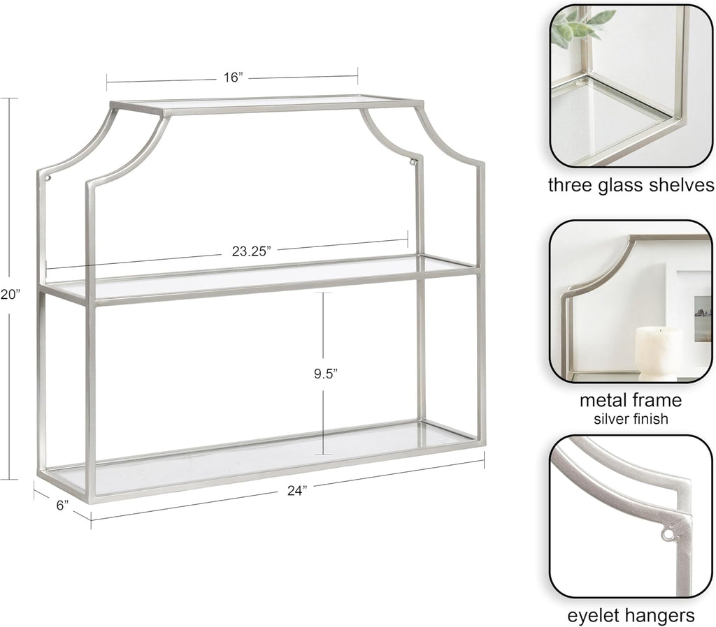 Kate and Laurel Ciel Modern Glam Wide Two-Tier Wall Shelf, 24 x 20, Silver, Tiered Bathroom Shelves for Over the Toilet Storage or Bedroom Makeup Organizer