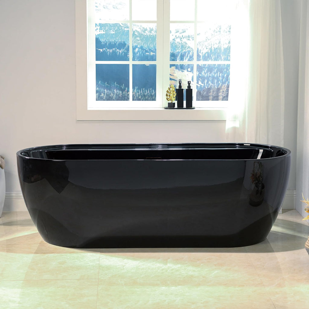 WOODBRIDGE 72' L x 35-3/8' W Freestanding Contemporary Acrylic Soaking Bathtub in Glossy Black Inside and Outside with Oil-Rubbed Bronze Drain & Overflow,B8859-ORB
