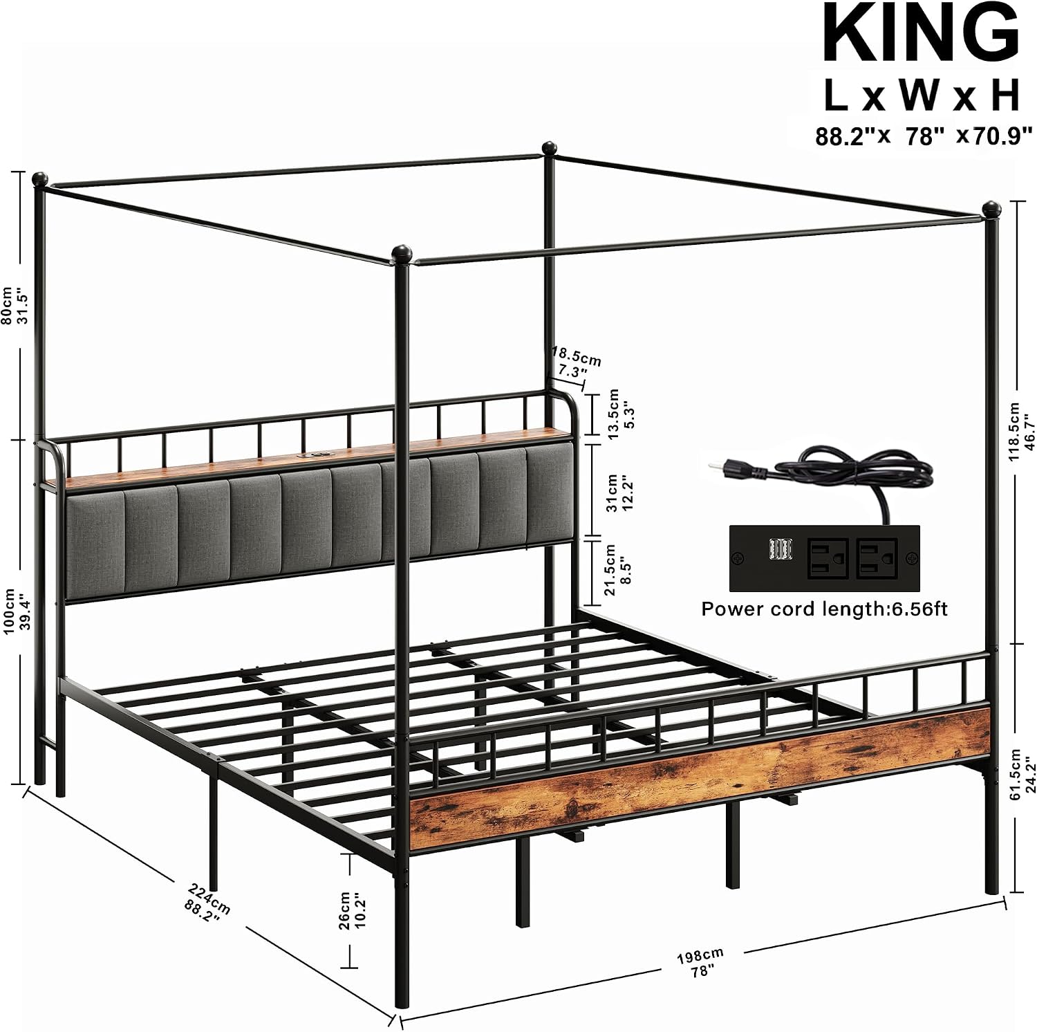 LIKIMIO Canopy Bed Frame King, Storage Headboard with Charging Station, Platform Bed with 4 Removable Sturdy Posts, Noise Free, No Box Spring Needed, Vintage Brown