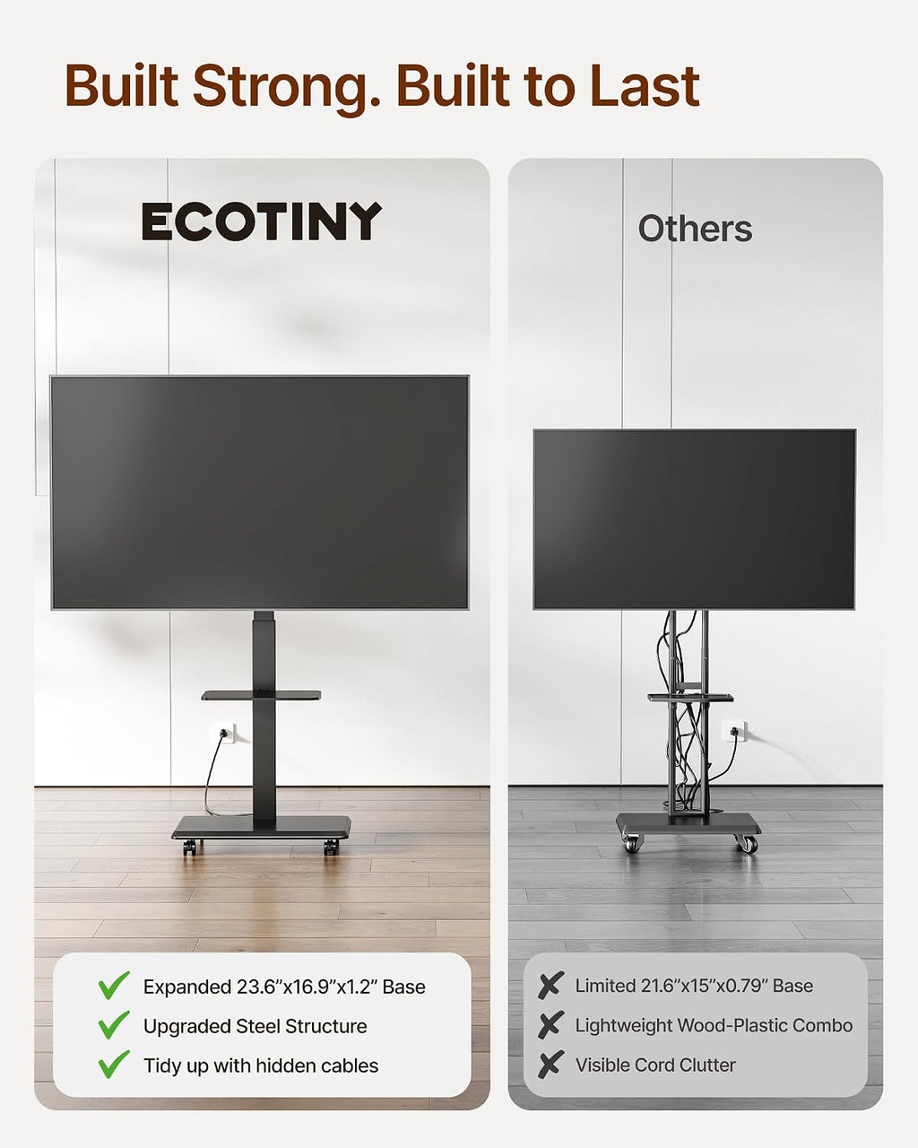 Steel Base Rolling TV Stand with Power Outlet for 32-75 inch TVs up to 110 lbs, Leveling & Tilt & Swivel Mobile TV Stand with Hidden Wire Management, Height Adjustable Portable Tv Stand, Black