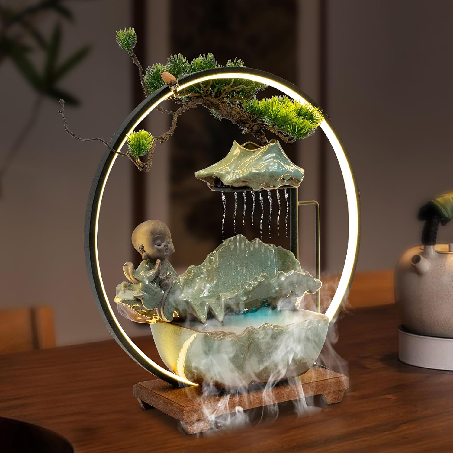 Indoor Fountain Rockery Tabletop Fountain with an Atomizer Elaxation Water Feature Meditation Desktop Fountains for Home Office Decor or Giving 19.7' x 7'' x 24.4'' with LED Light