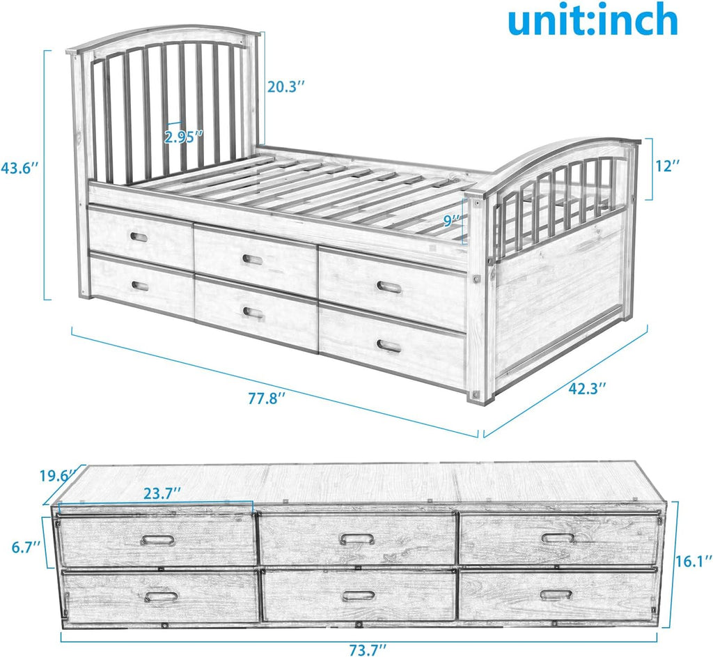SOFTSEA Twin Captain Bed for Kids, Solid Wood Storage Bed with 6 Drawers, No Box Spring Needed, White